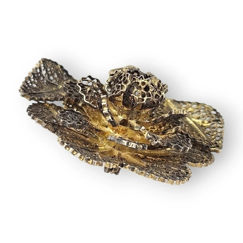 Sterling Filigree Flower Brooch Spun Silver 925 Vermeil Vintage Portugal 2.25